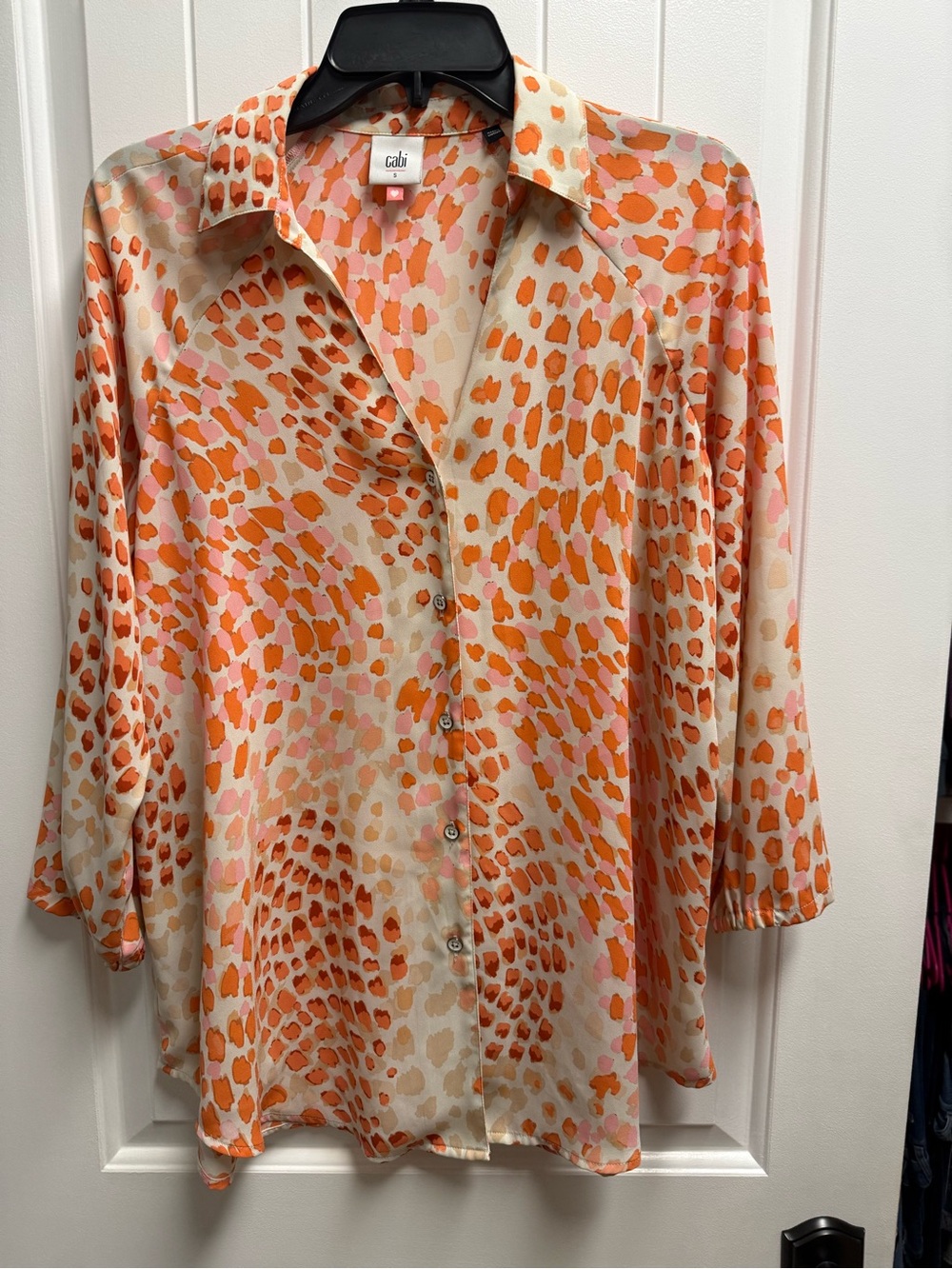 Cabi Women's Orange Pink Leopard Print Button Front Blouse Top S Excellent Cond